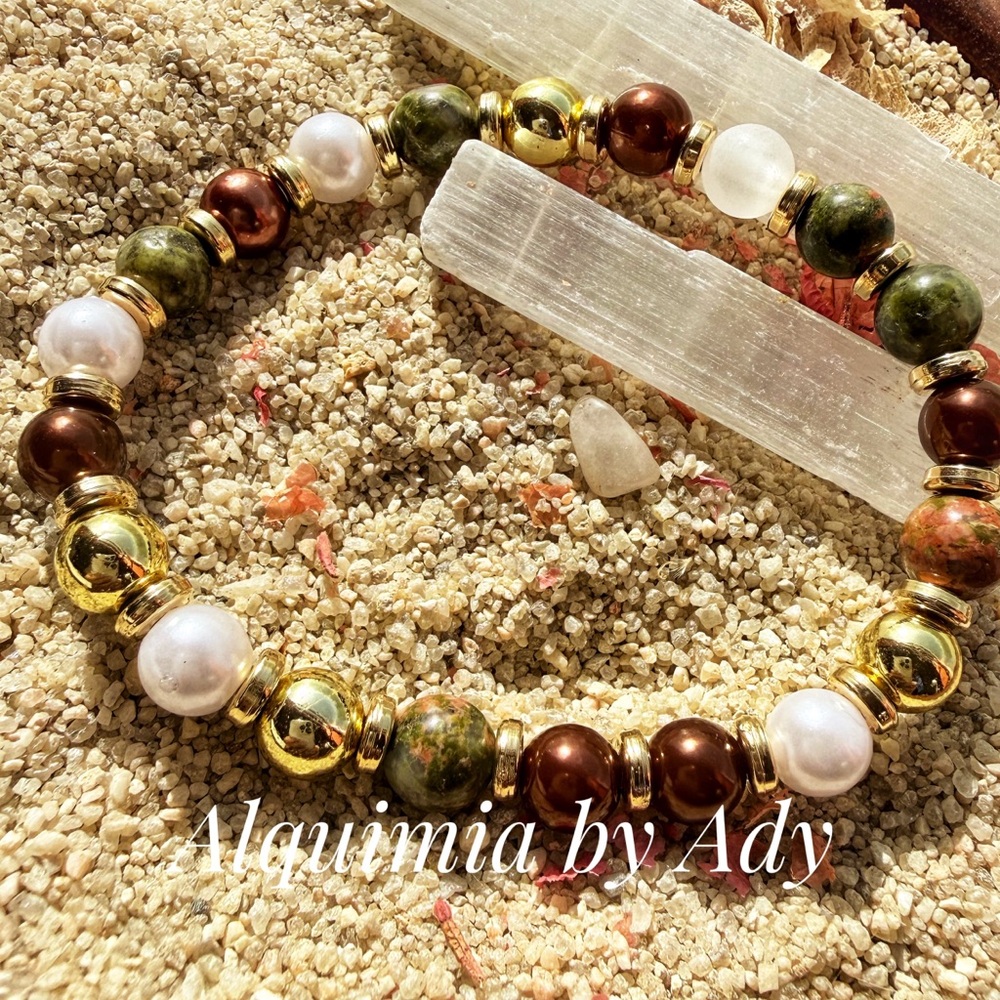 Unakite Gold, Green, and Brown Beaded Bracelet